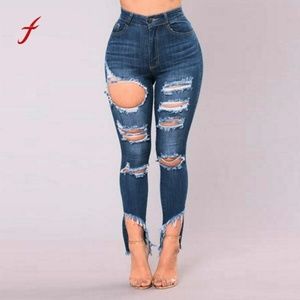 Plus Size Ripped Women High Waist Jeans Hole